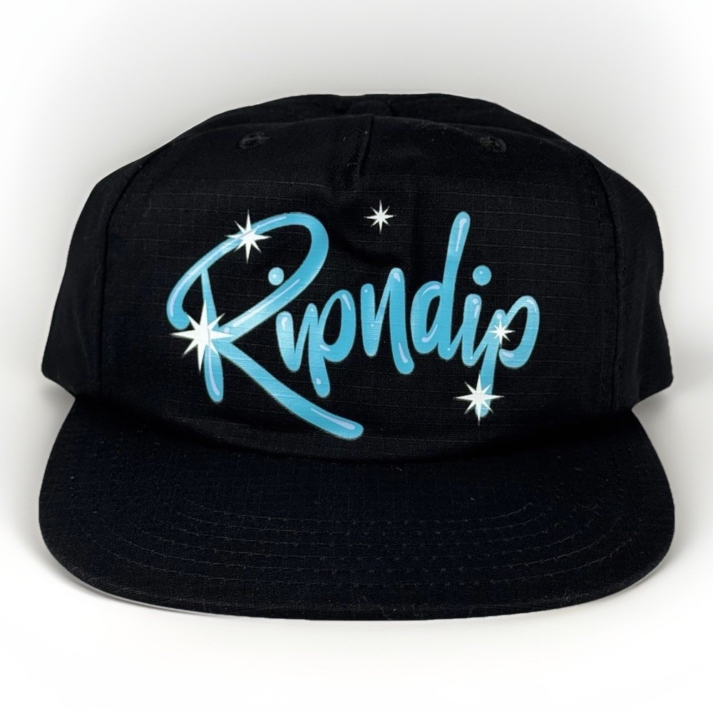 Ripndip Black Ripstop Snapback Hat Blue Script Logo Adjustable Cap NEW Y2K Style